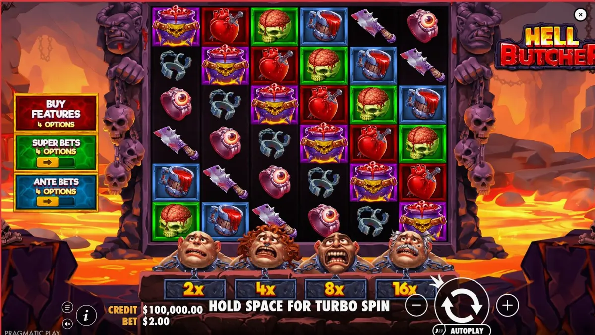 Hell Butcher slot game interface featuring dark horror theme and macabre symbols