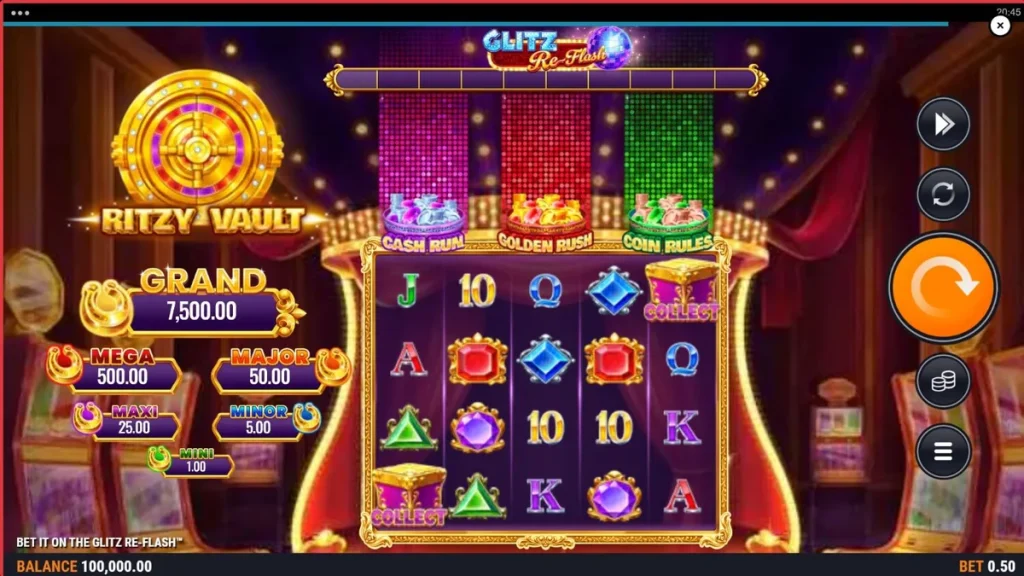 Bet It on the Glitz Re-Flash سلاٹ مشین کا نیون اور ڈسکو تھیم والا منظر